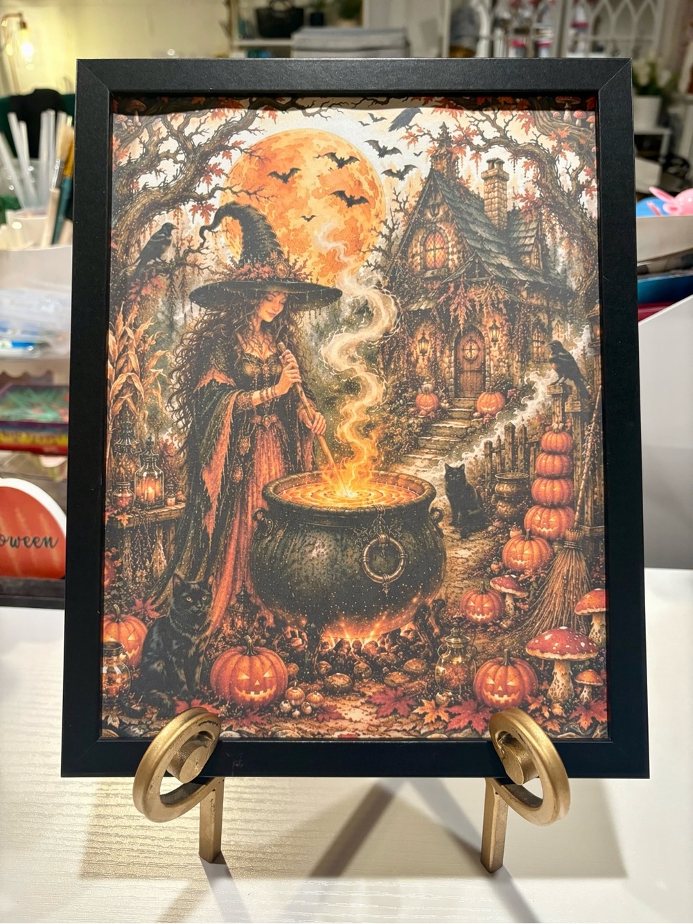 Framed Halloween Witch Cauldron 8x10 Art Print - Orange & Black